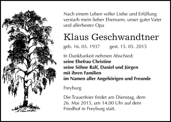Traueranzeige von Klaus Geschwandtner von Mitteldeutsche Zeitung Naumburg/Nebra