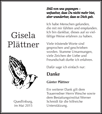 Traueranzeige von Gisela Plättner von WVG - Wochenspiegel Quedlinburg