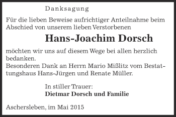 Traueranzeige von Hans-Joachim Dorsch von Super Sonntag Aschersleben