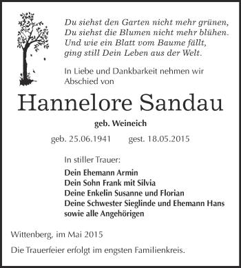 Traueranzeige von Hannelore Sandau von Super Sonntag Wittenberg