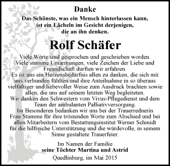 Traueranzeige von Rolf Schäfer von Mitteldeutsche Zeitung Quedlinburg