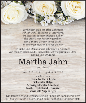 Traueranzeige von Martha Jahn von Mitteldeutsche Zeitung Köthen