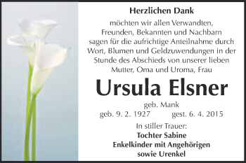 Traueranzeige von Ursula Elsner von WVG - Wochenspiegel NMB / WSF / ZTZ