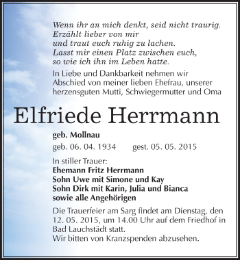 Traueranzeige von Elfriede Herrmann von Mitteldeutsche Zeitung Merseburg/Querfurt