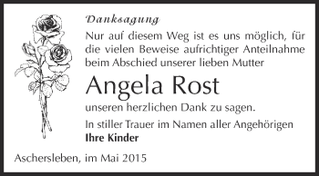 Traueranzeige von Angela Rost von Super Sonntag Aschersleben