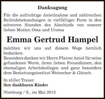 Traueranzeige von Gertrud Hampel von Super Sonntag Bernburg