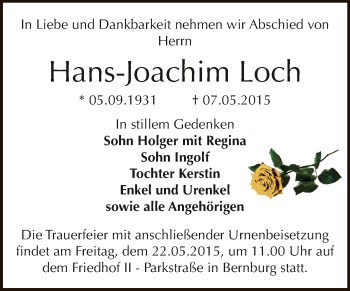 Traueranzeige von Hans-Joachim Loch von Super Sonntag Bernburg