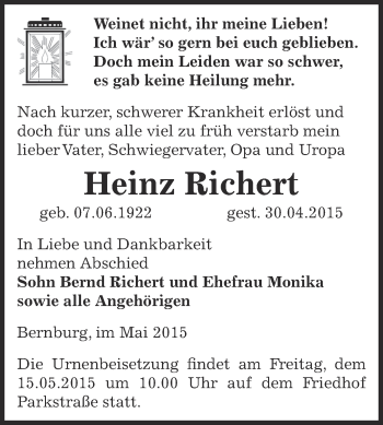 Traueranzeige von Heinz Richert von Super Sonntag Bernburg