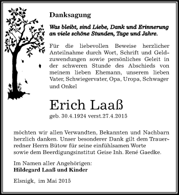 Traueranzeige von Erich Laaß von Mitteldeutsche Zeitung Köthen