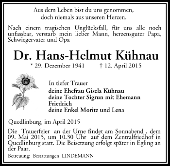 Traueranzeige von Hans-Helmut Kühnau von Mitteldeutsche Zeitung Quedlinburg