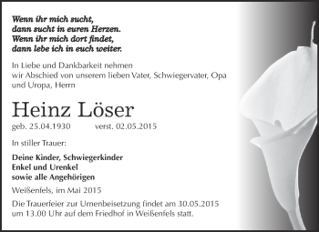 Traueranzeige von Heinz Löser von WVG - Wochenspiegel NMB / WSF / ZTZ