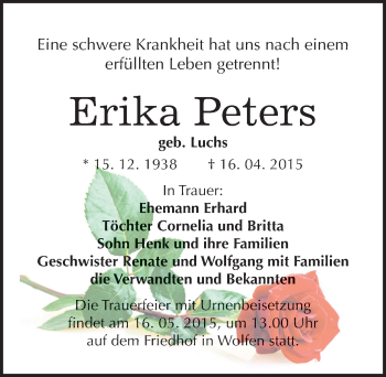 Traueranzeige von Erika Peters von Mitteldeutsche Zeitung Bitterfeld