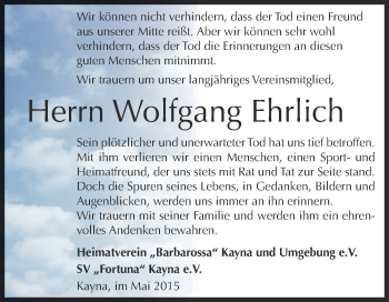Traueranzeige von Wolfgang Ehrlich von Super Sonntag Zeitz