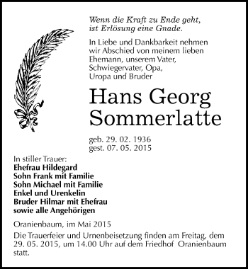 Traueranzeige von Hans Georg Sommerlatte von Mitteldeutsche Zeitung Wittenberg