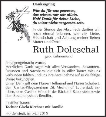 Traueranzeige von Ruth Doleschal von Super Sonntag SGH Mansf. Land