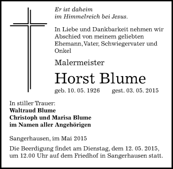 Traueranzeige von Horst Blume von Mitteldeutsche Zeitung Sangerhausen