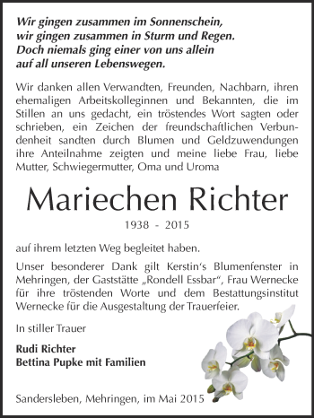 Traueranzeige von Mariechen Richter von Wochenspiegel Mansfelder Land