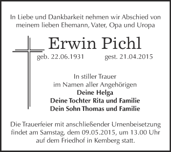 Traueranzeige von Erwin Pichl von WVG - Wochenspiegel Bitterfeld