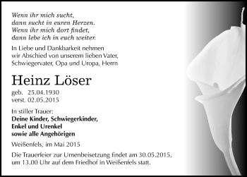 Traueranzeige von Heinz Löser von Mitteldeutsche Zeitung Weißenfels