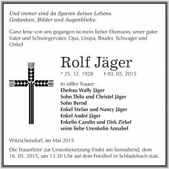 Traueranzeige von Rolf Jäger von WVG - Wochenspiegel Merseburg