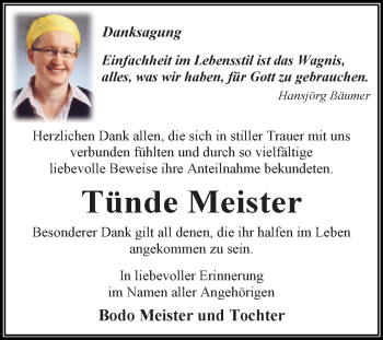 Traueranzeige von Tünde Meister von WVG - Wochenspiegel Dessau / Köthen