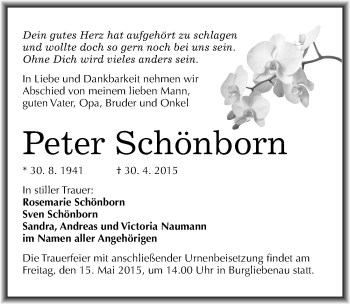 Traueranzeige von Peter Schönborn von Mitteldeutsche Zeitung Merseburg/Querfurt