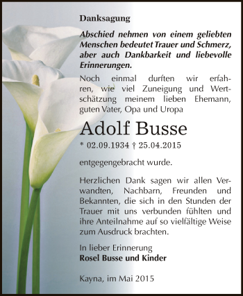Traueranzeige von Adolf Busse von Super Sonntag Zeitz