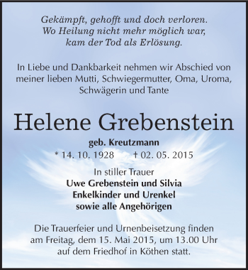 Traueranzeige von Helene Grebenstein von Mitteldeutsche Zeitung Köthen