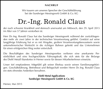 Traueranzeige von Ronald Claus von Mitteldeutsche Zeitung Wittenberg