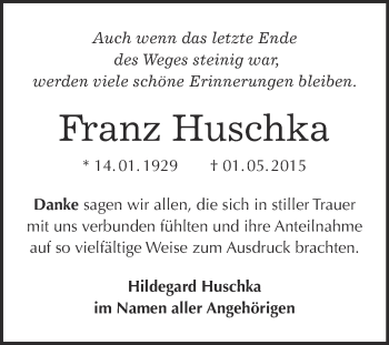 Traueranzeige von Franz Huschka von WVG - Wochenspiegel Bitterfeld