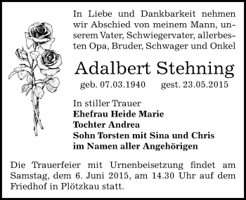 Traueranzeige von Adalbert Stehning von Mitteldeutsche Zeitung Bernburg