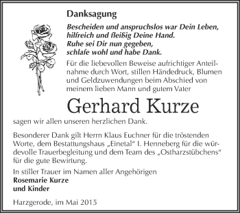 Traueranzeige von Gerhard Kurze von Super Sonntag Quedlinburg
