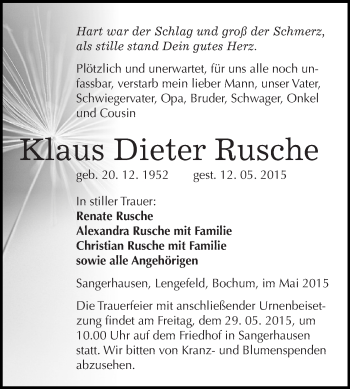 Traueranzeige von Klaus Dieter Rusche von Super Sonntag SGH Mansf. Land