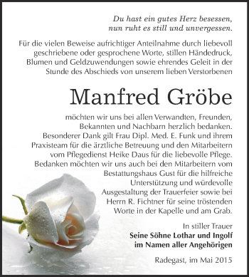 Traueranzeige von Manfred Gröbe von WVG - Wochenspiegel Dessau / Köthen