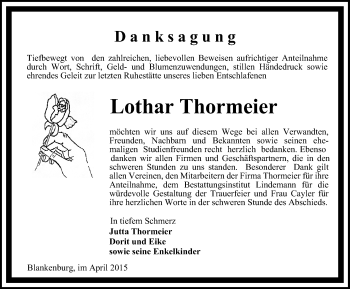 Traueranzeige von Lothar Thormeier von Mitteldeutsche Zeitung Quedlinburg
