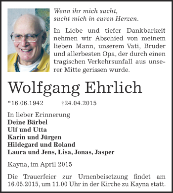 Traueranzeige von Wolfgang Ehrlich von Super Sonntag Zeitz
