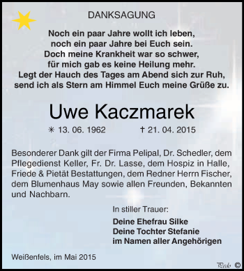 Traueranzeige von Uwe Kaczmarek von WVG - Wochenspiegel NMB / WSF / ZTZ