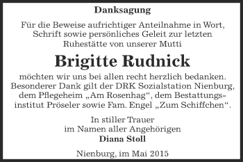Traueranzeige von Brigitte Rudnick von Super Sonntag Bernburg