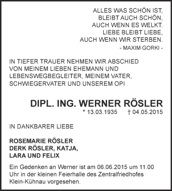 Traueranzeige von Werner Rösler von WVG - Wochenspiegel Dessau / Köthen