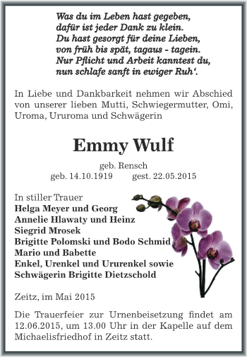 Traueranzeige von Emmy Wulf von Super Sonntag Zeitz