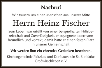 Traueranzeige von Heinz Fischer von Super Sonntag Bernburg