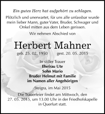 Traueranzeige von Herbert Mahner von Mitteldeutsche Zeitung Merseburg/Querfurt