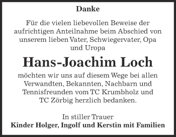 Traueranzeige von Hans-Joachim Loch von Super Sonntag Bernburg