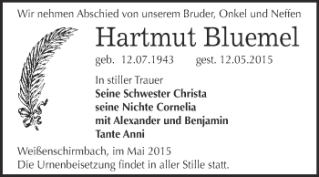 Traueranzeige von Hartmut Bluemel von WVG - Wochenspiegel Merseburg