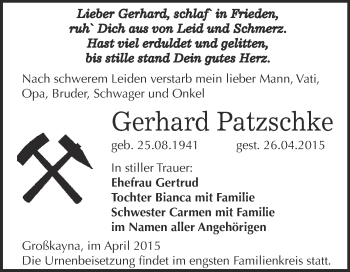 Traueranzeige von Gerhard Patzschke von WVG - Wochenspiegel Merseburg
