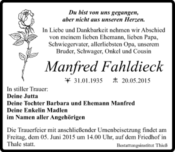 Traueranzeige von Manfred Fahldieck von Mitteldeutsche Zeitung Quedlinburg