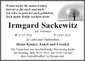 Traueranzeige von Irmgard Sackewitz von WVG - Wochenspiegel Dessau / Köthen