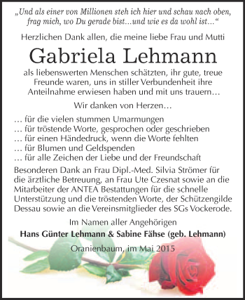 Traueranzeige von Gabriela Lehmann von Super Sonntag Wittenberg