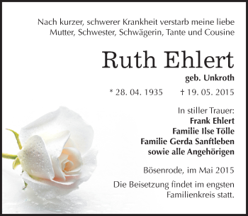 Traueranzeige von Ruth Ehlert von Mitteldeutsche Zeitung Sangerhausen