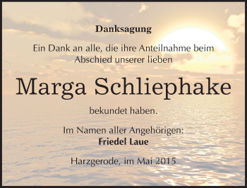 Traueranzeige von Marga Schliephake von Mitteldeutsche Zeitung Quedlinburg